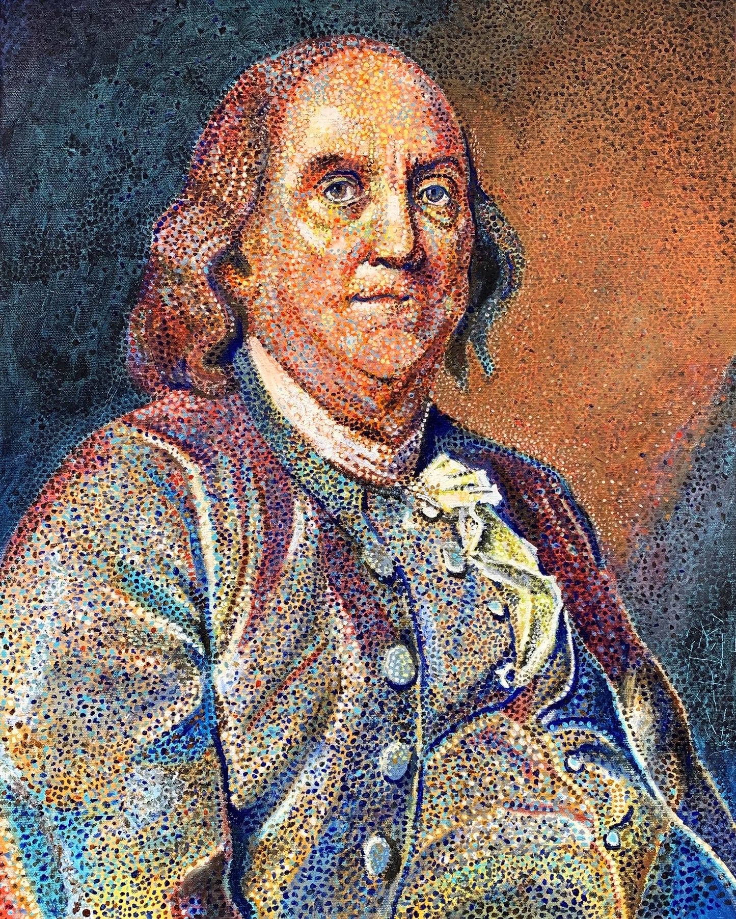 Original Art Portrait of Ben Franklin in Pointillism, original oil painting