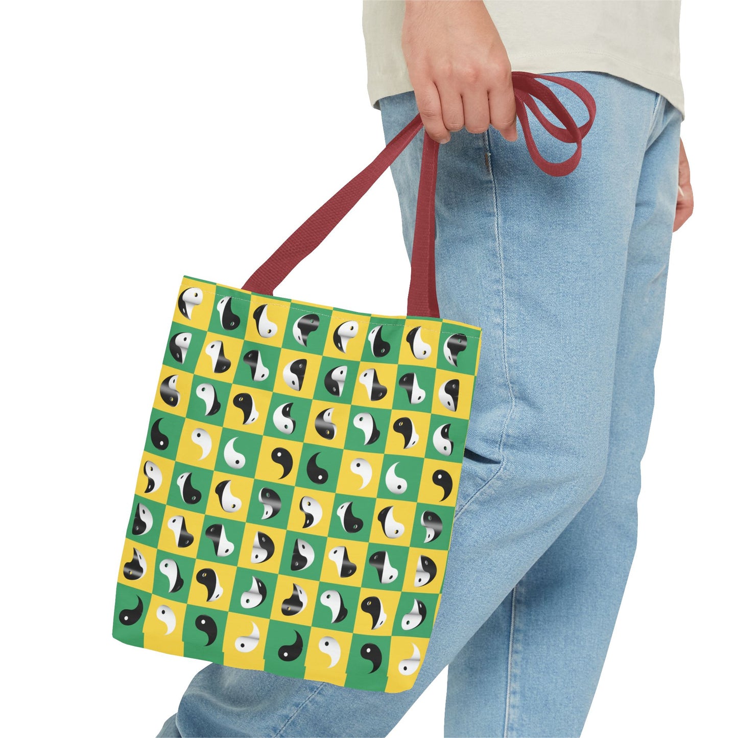 Transforming Yinyang on Green and Yellow Checkerboard Pattern Tote