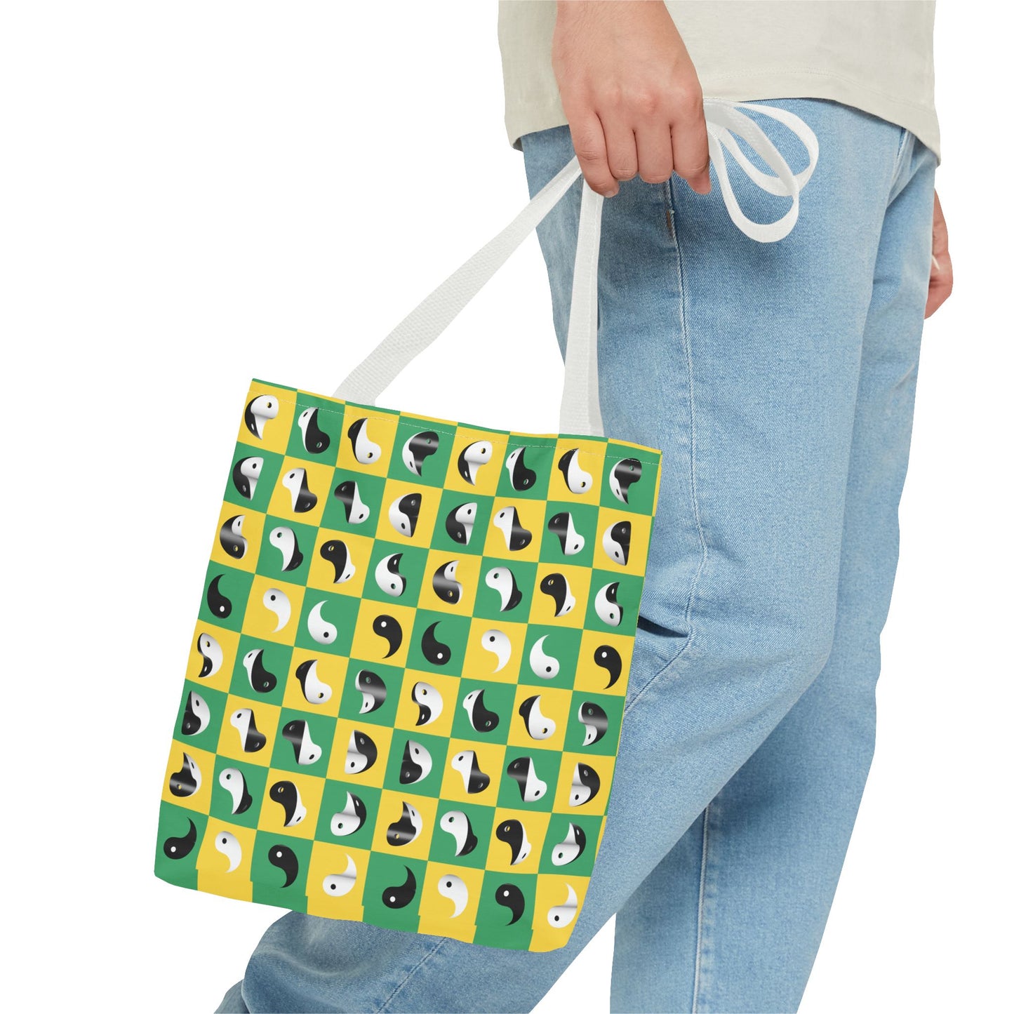 Transforming Yinyang on Green and Yellow Checkerboard Pattern Tote