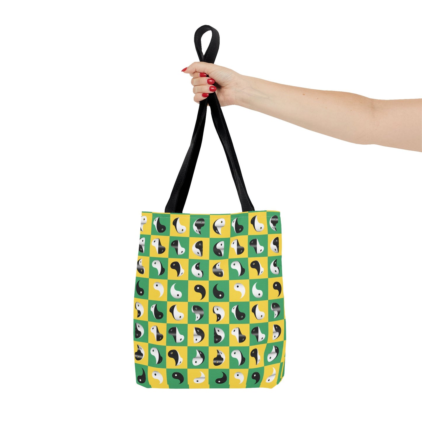 Transforming Yinyang on Green and Yellow Checkerboard Pattern Tote