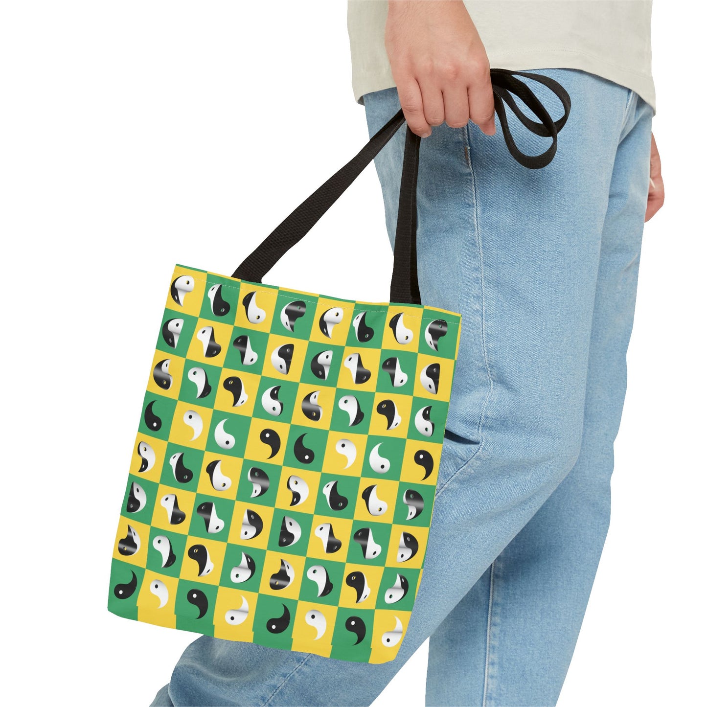 Transforming Yinyang on Green and Yellow Checkerboard Pattern Tote