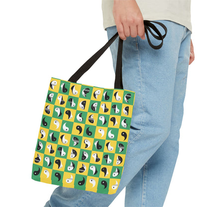 Transforming Yinyang on Green and Yellow Checkerboard Pattern Tote