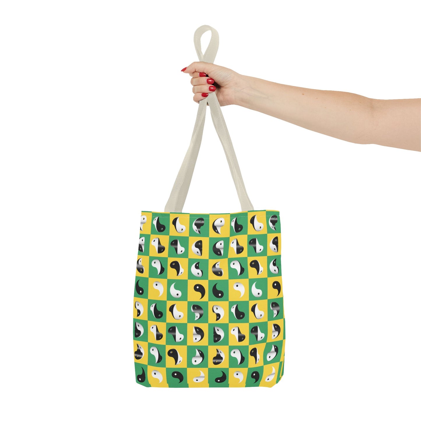 Transforming Yinyang on Green and Yellow Checkerboard Pattern Tote