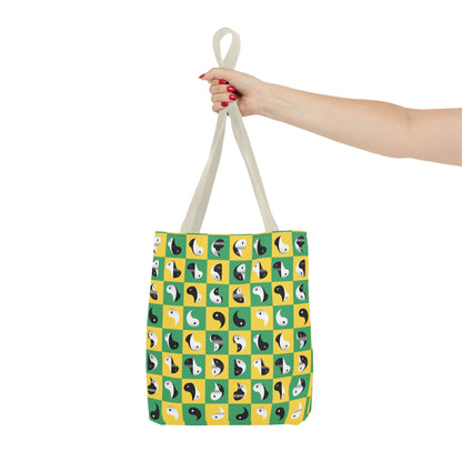 Transforming Yinyang on Green and Yellow Checkerboard Pattern Tote