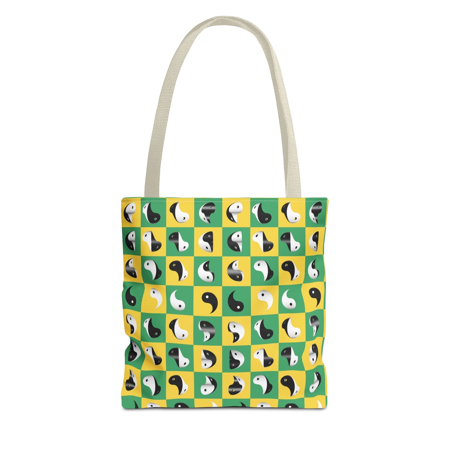 Transforming Yinyang on Green and Yellow Checkerboard Pattern Tote