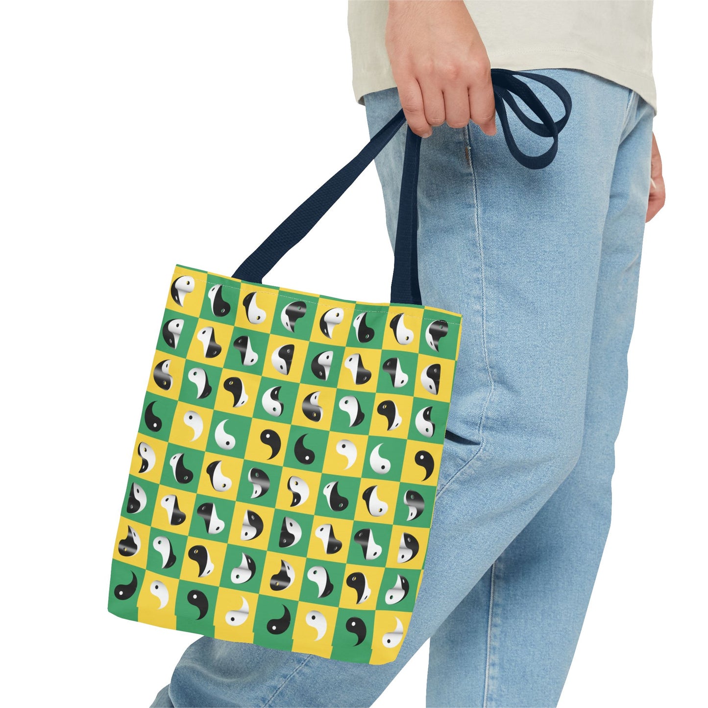 Transforming Yinyang on Green and Yellow Checkerboard Pattern Tote