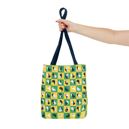 Transforming Yinyang on Green and Yellow Checkerboard Pattern Tote