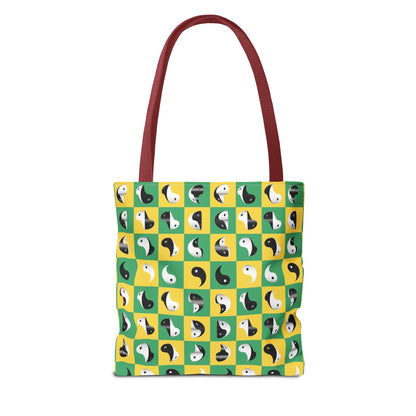 Transforming Yinyang on Green and Yellow Checkerboard Pattern Tote