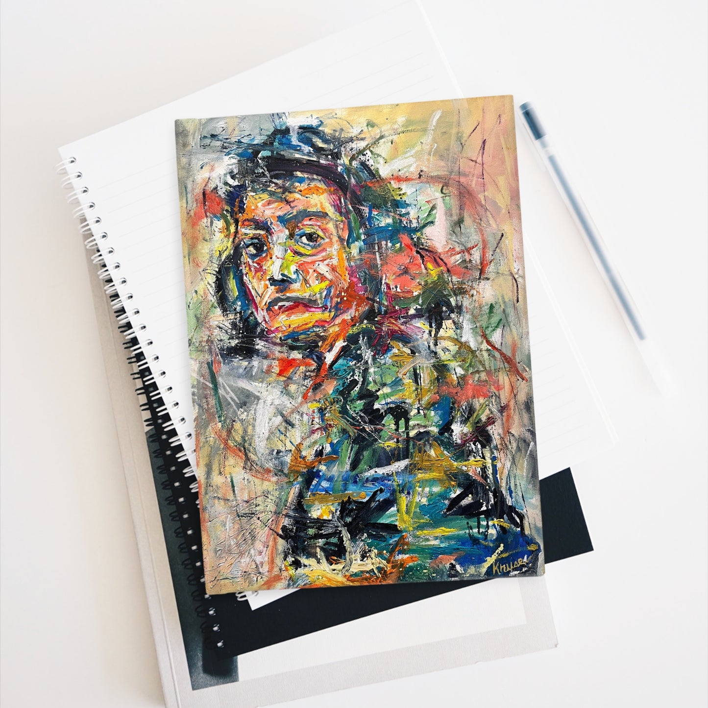 Journal with Joan Mitchell portrait painting, in the style of Joan Mitchell paintings