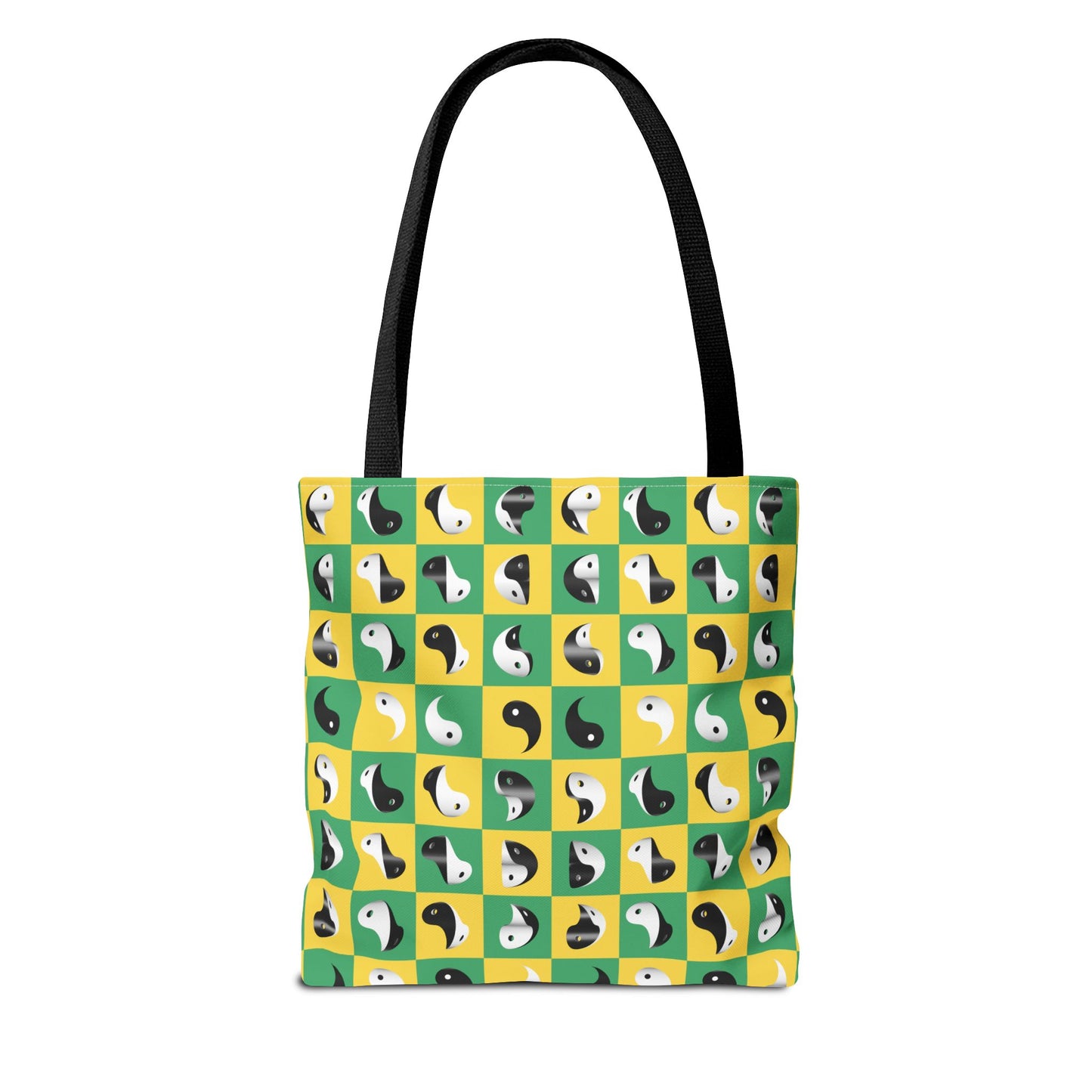 Transforming Yinyang on Green and Yellow Checkerboard Pattern Tote