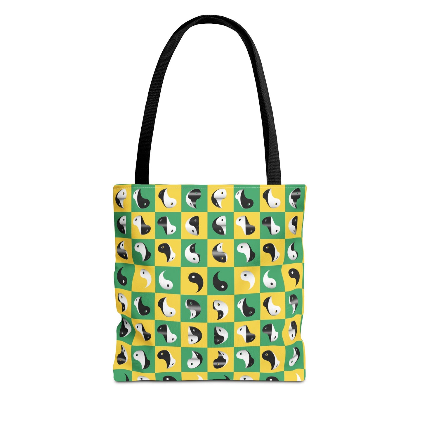Transforming Yinyang on Green and Yellow Checkerboard Pattern Tote