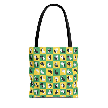 Transforming Yinyang on Green and Yellow Checkerboard Pattern Tote