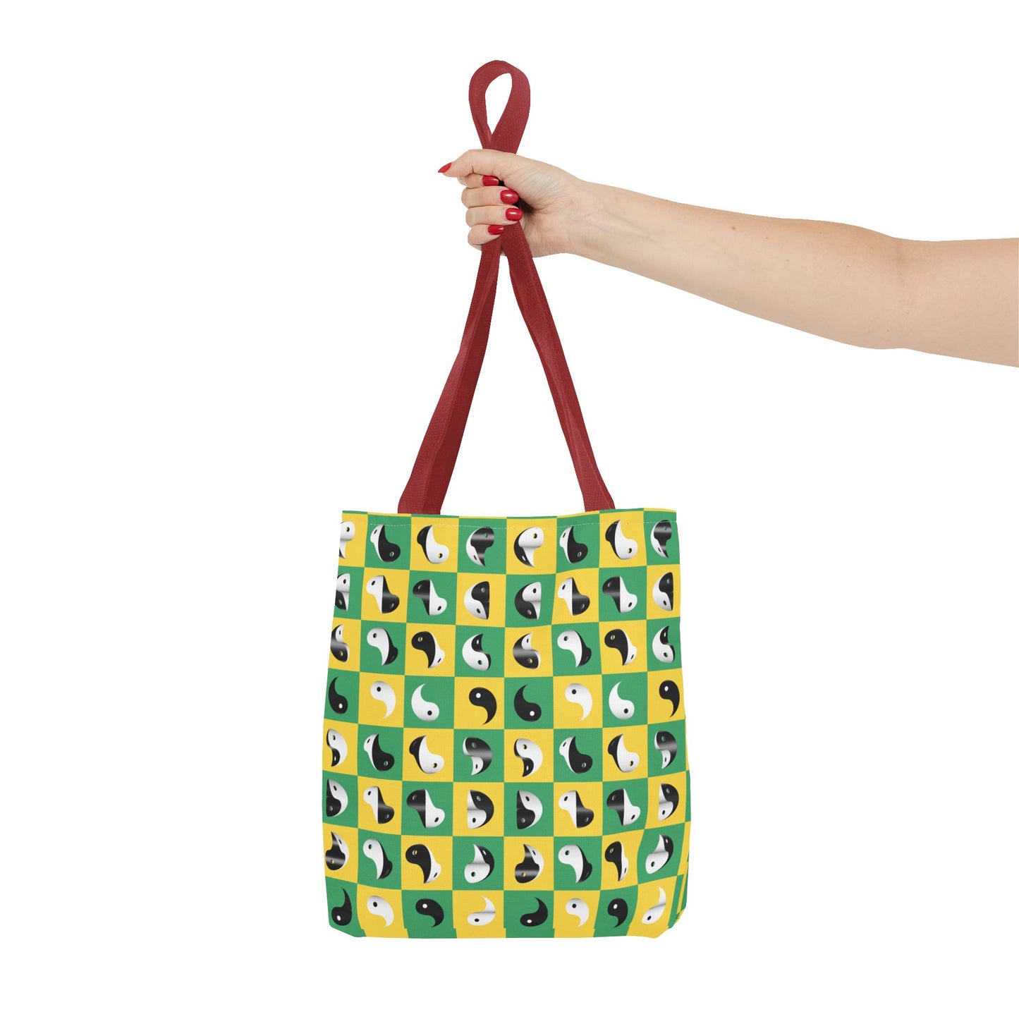 Transforming Yinyang on Green and Yellow Checkerboard Pattern Tote